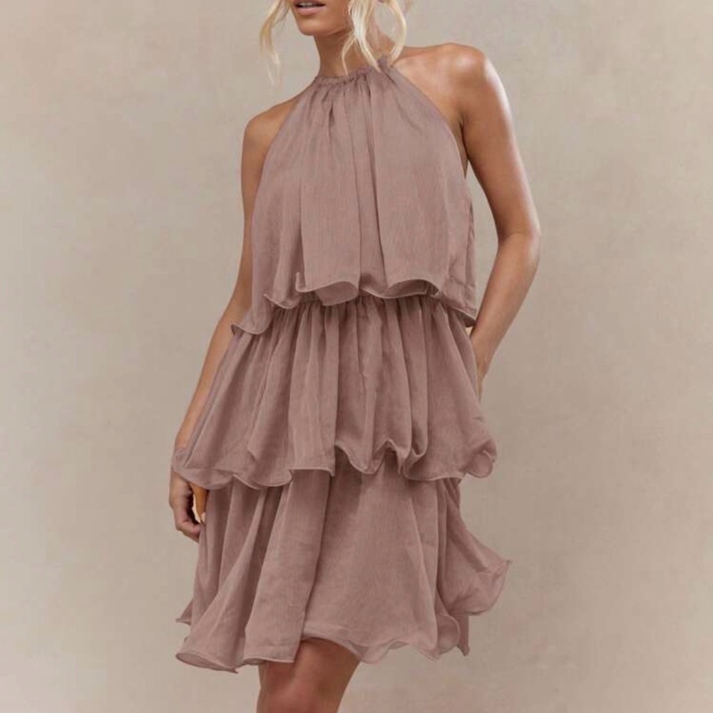 Boho Tiered Halter Neck Mini Dress in Dusty Rose